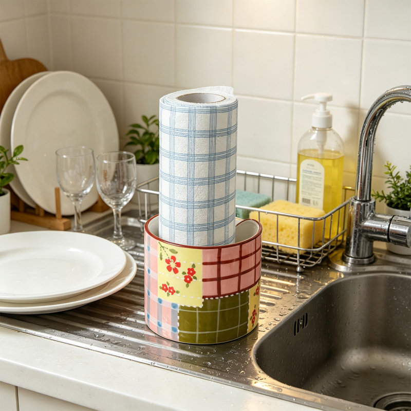 Panier tressé en rotin, tablette de rangement pour rouleau de papier essuie-tout, étagère de rangement pour pellicule plastique, étagère de rangement pour rouleau de pellicule alimentaire.