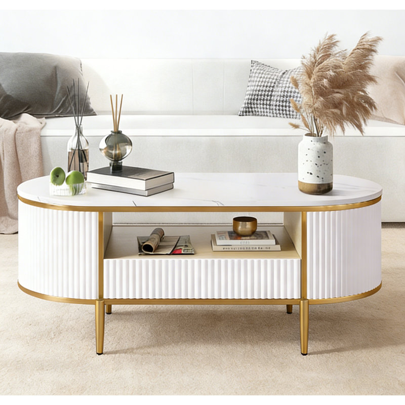 Table basse cannelée moderne, table basse ovale moderne de 48 po avec tiroir, plateau en faux marbre, table centrale à profil courbé avec rangement, décor en métal doré, table centrale de salon, blanc