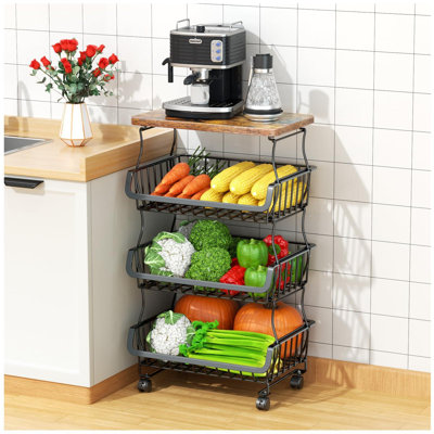 4 Tier Fruit and Vegetable Basket for Kitchen with Wheels,Stackable Fruit Vegetable Storage Baskets with Wood Top, Metal Wire Storage Cart for Kitchen, Pantry(Black With Wooden Top)