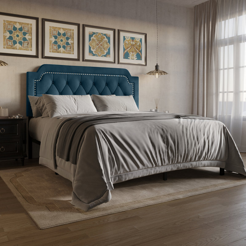 Lit plateforme tapissier Dwayna, Bleu marine, Simple