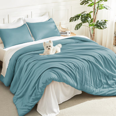 Andency Comforter Set, Lightweight Solid Bedding Comforter Set, Fluffy Down Alternative Bed Set, Greyish Teal, Queen