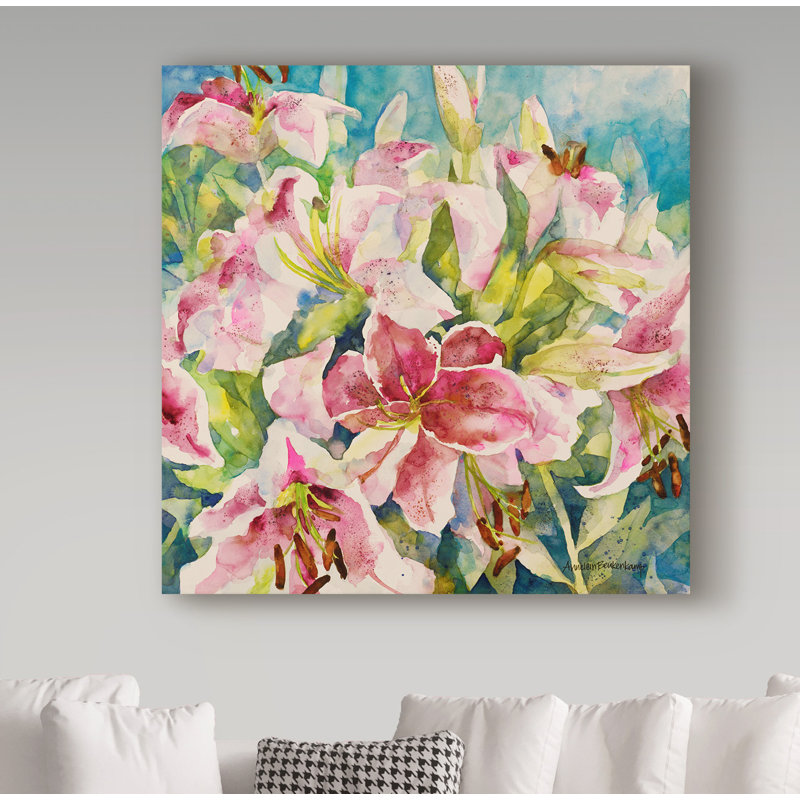 «Lilies sur bleu» par Mattox, reproduction d'aquarelle sur toile tendue, H 24 po x l 24 po x P 2 po