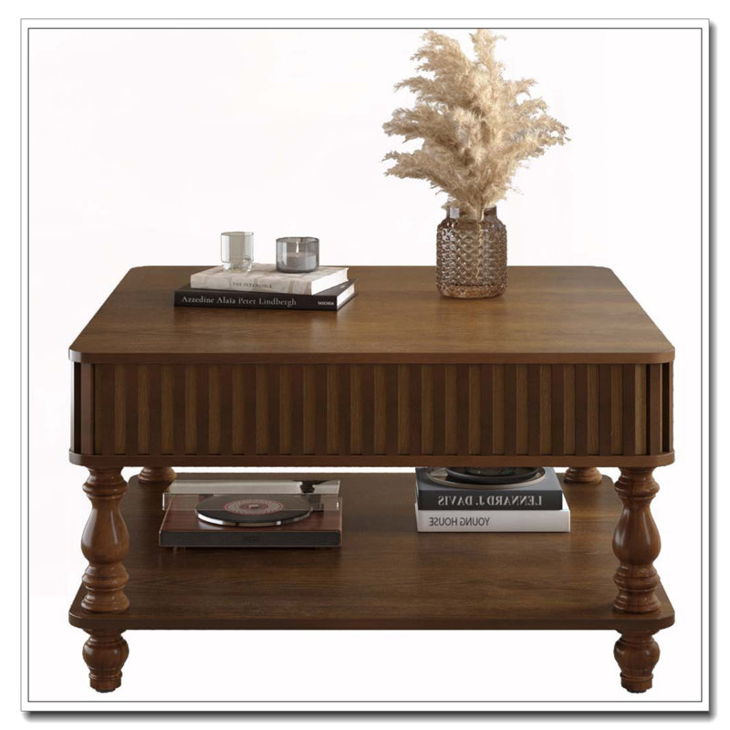 Table basse carrée à plateau relevable cannelé avec rangement caché et ouvert, Noyer