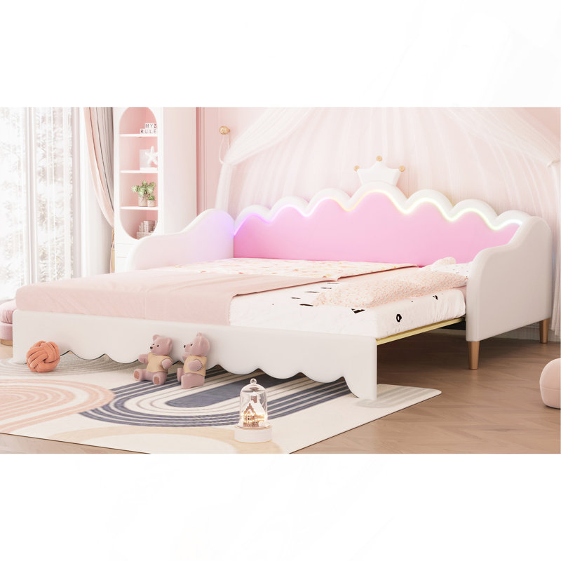 Extending Daybed with LED Lights, Modern Upholstered Princess Daybed, Pink/White