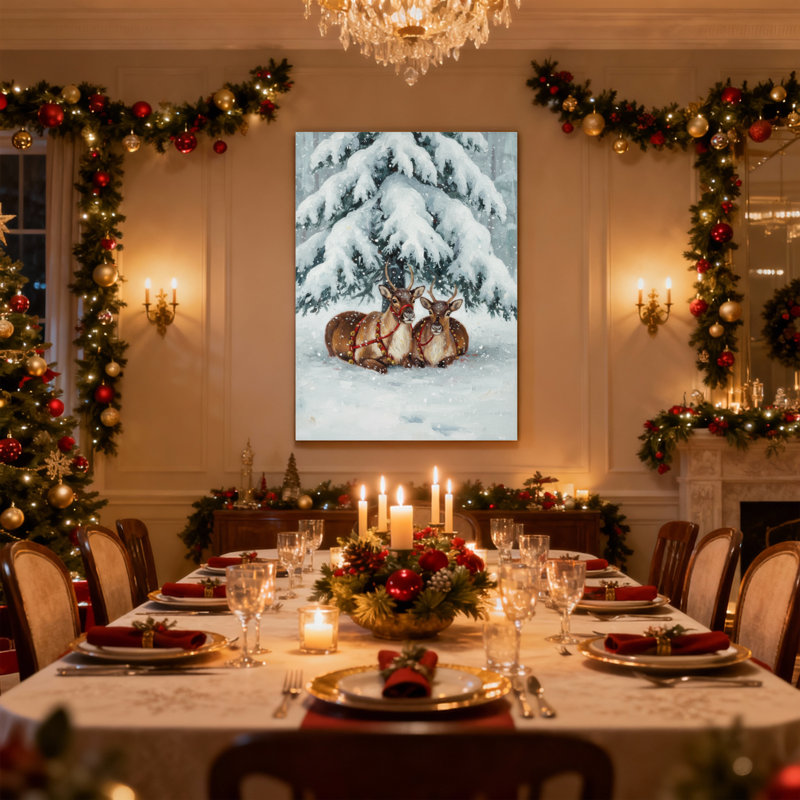«Christmas Snowy Forest Reindeer Christmas Scene», ensemble de 3 reproductions d'art sur toile, H 36 po x l 24 po