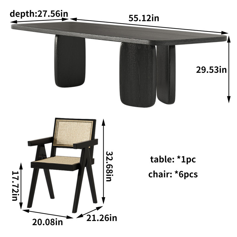 Ensemble de table de salle à manger en bois de frêne noir, H 29,53 po x L 55,12 po x l 27,56 po