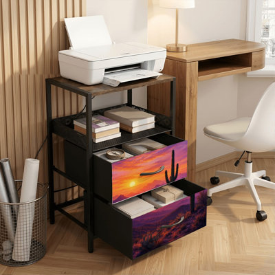 Nightstand with Charging Station, 2 Drawer Bedside Table with USB Ports and Outlets, Open Shelf, Black Night Stand for Bedroom Living Room Desert Landscape Saguaro Cactus Sunset Vibrant Orange Sky Print