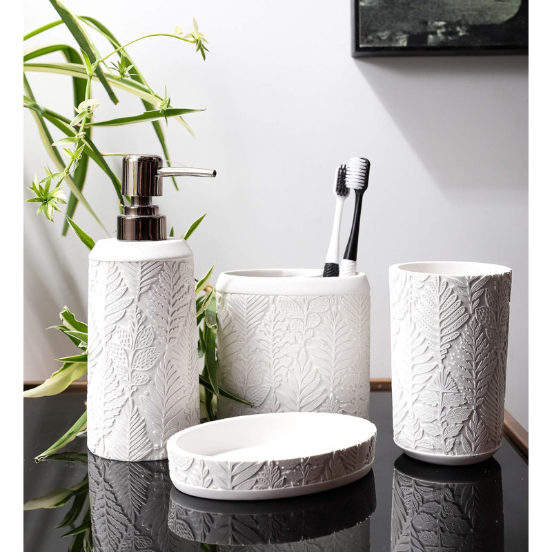 4-piece Bathroom Accessories Set Leaf White