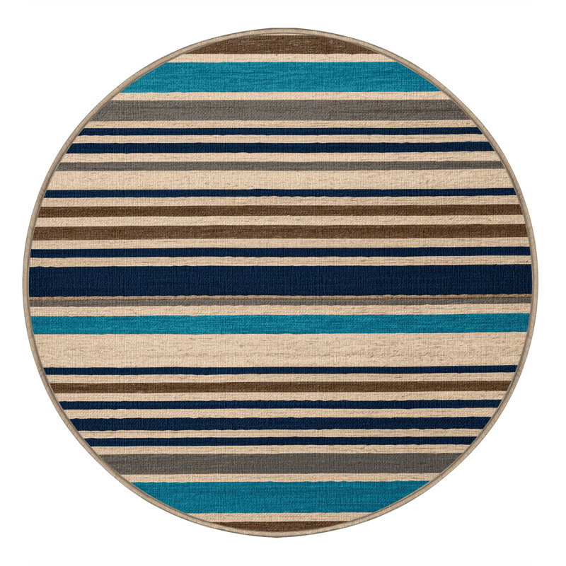 Washable Ocean Blue Sand Striped Area Rug, Round 5'