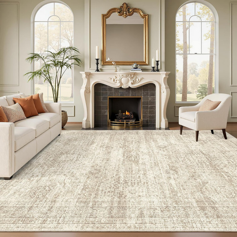 Washable Rug, Distressed Persian Rugs for Living Room, Stain resistant Abstract Area Rugs, Rectangle 8' x 10', Beige
