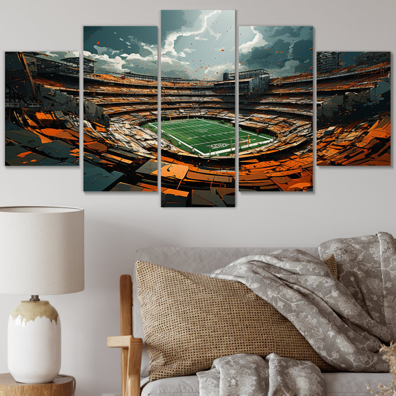 Stade de football abstrait vert - architecture, art mural salon - 5 panneaux