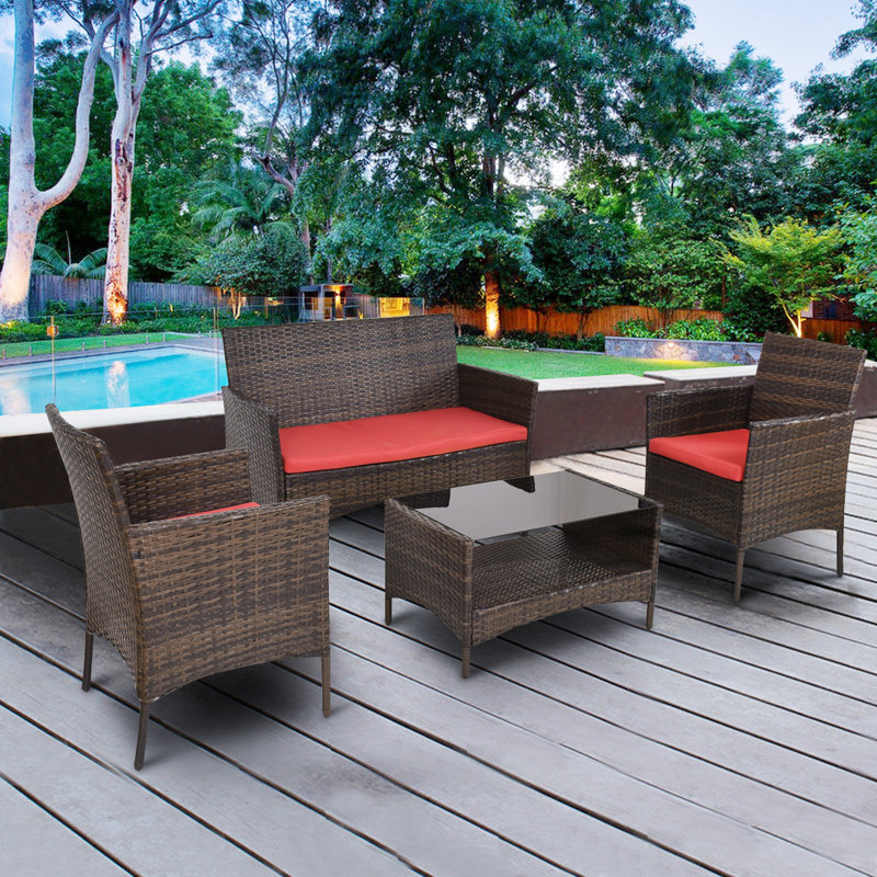 Standifer Premium All-Weather Wicker 4 - Person Patio Conversation Set with Cushions, Red