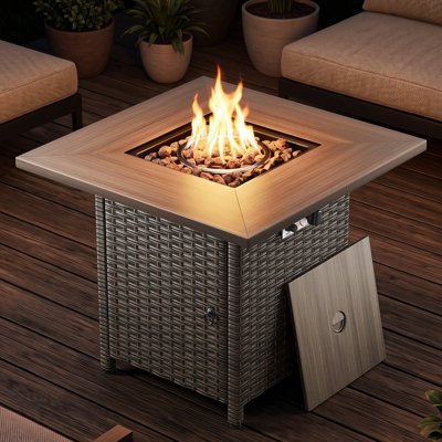 30" Wicker Square Outdoor Patio 50,000 BTU Propane Gas Fire Pit Table With Lid