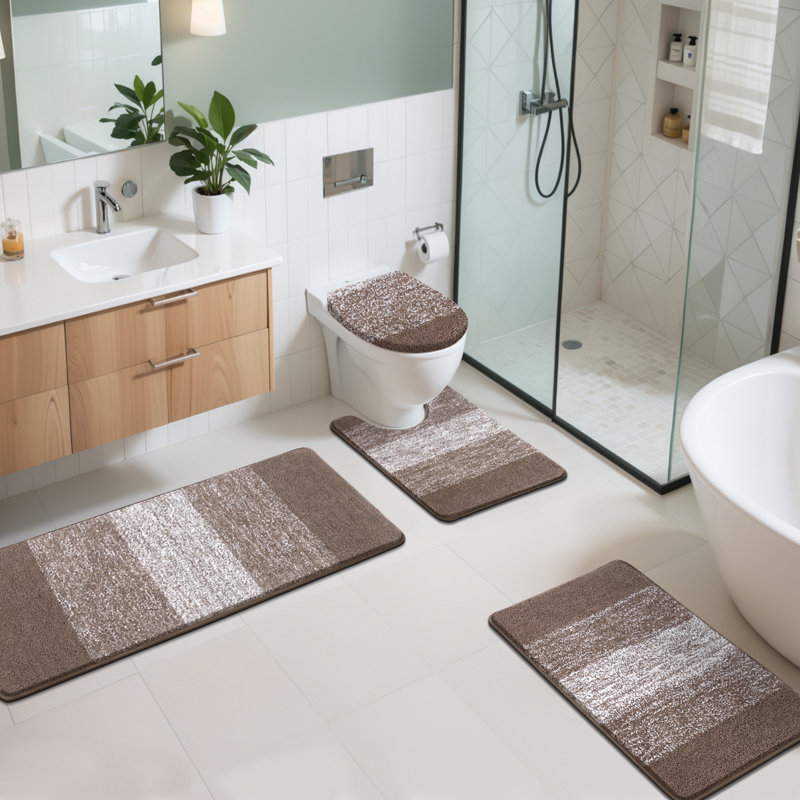 4 Piece Soft Absorbent Microfiber Bath Rug Set with Non-Slip Backing, Brown