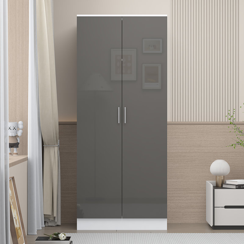 Eva High Gloss 2 Door Plain Wardrobe - H: 180cm x D: 47cm x W: 76cm, Matte White/Gloss Grey