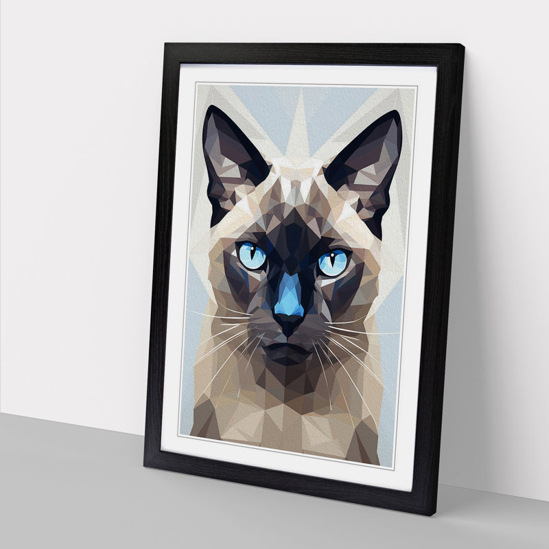 Siamese Cat Geometric - Single Picture Frame Print on Wood, Black, 46cm H x 34cm W x 2cm D
