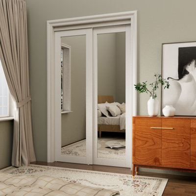 80in. x 48in. Full Length Mirrors Closet Sliding Doors With Hardware Kit, Ready For Use in White