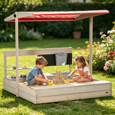 Outsunny Wooden Kids Sandbox with Adjustable Canopy, Backyard Toy Includes Kitchen Playset Accessories – Outdoor Activity Gift for Boys & Girls Ages 3-7