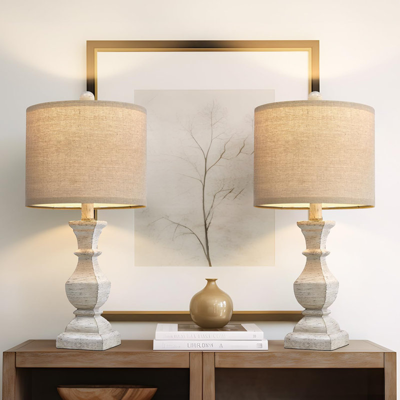 White Rustic Wood Table Lamps Set of 2