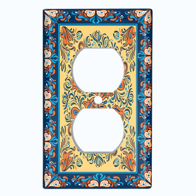 Metal Light Switch Plate Outlet Cover (Orange Elegant Flower Blue Frame Tile  - Single Duplex)