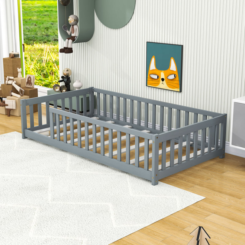 Twin Wood Floor Bed With Fence And Slats, Gray