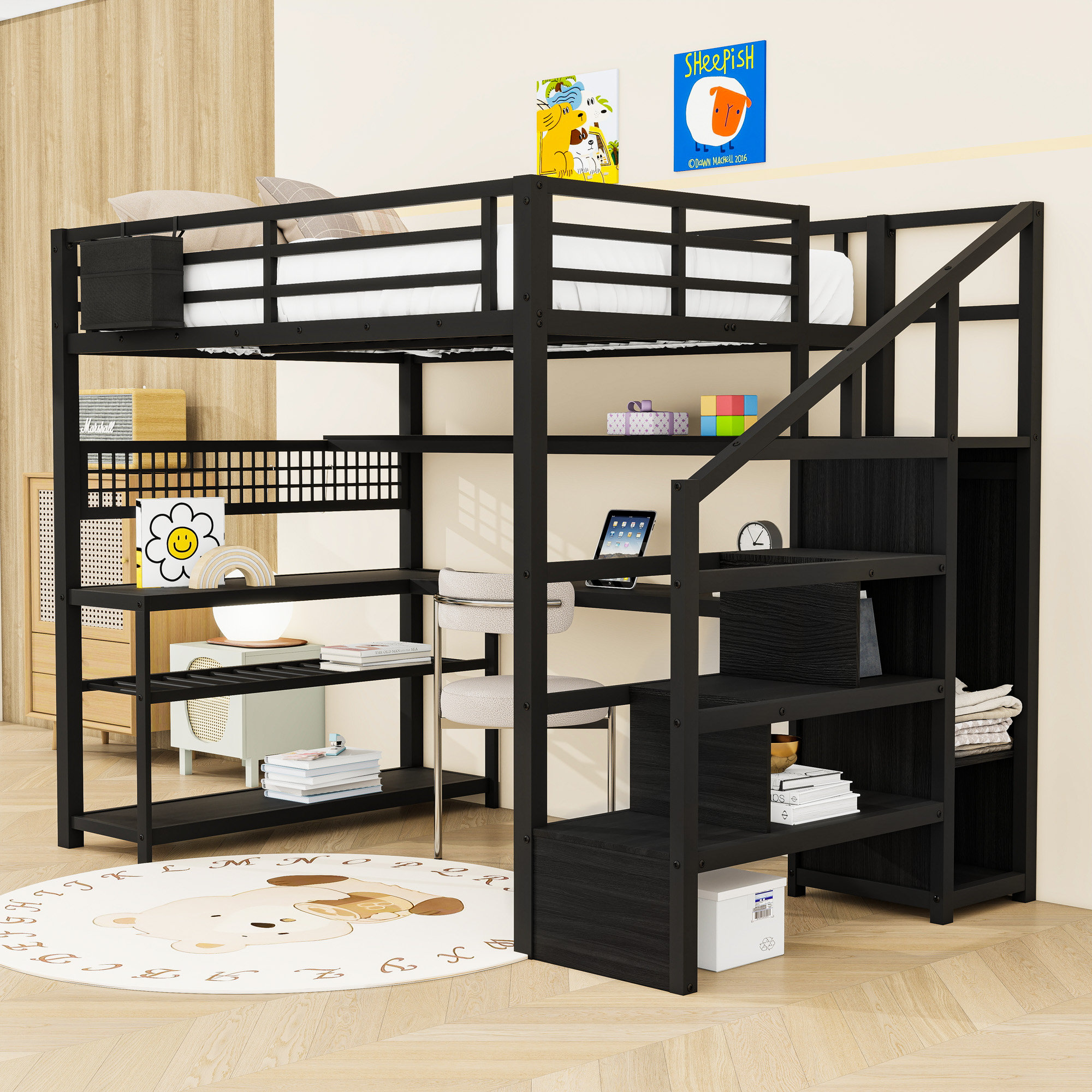 Harriet Bee Full Metal Loft Bed With Staircase And Wardrobe | Wayfair