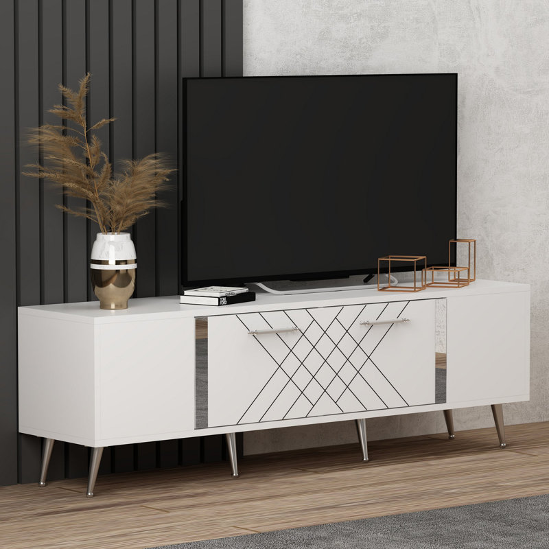 Meuble télé moderne avec plusieurs tablettes Catena, blanc et argent, 59,1 po x 19,0 po x 13,8 po | 100% panneau de particules enduit de mélamine, épaisseur: 0,7 pouce | Conception géométrique élégante, idéale pour le salon et les espaces de divertissement