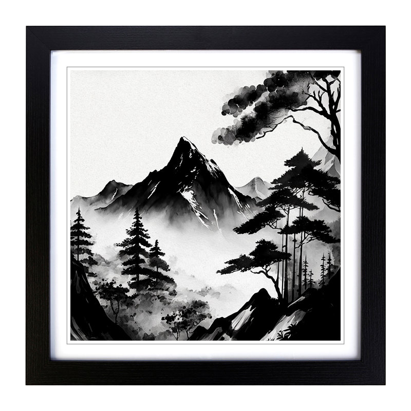 Japanese Mountains Ink Wash No.1 - Single Picture Frame Print on Wood, Black