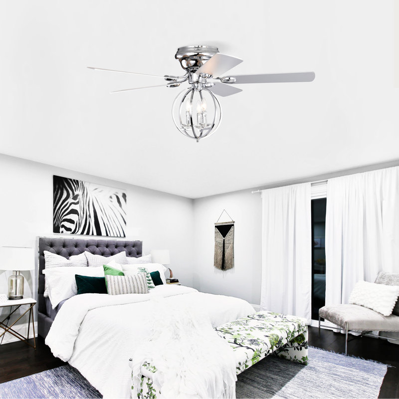 Ventilateur de plafond 5 pales 52 pouces chromé avec lustre 3 lumières