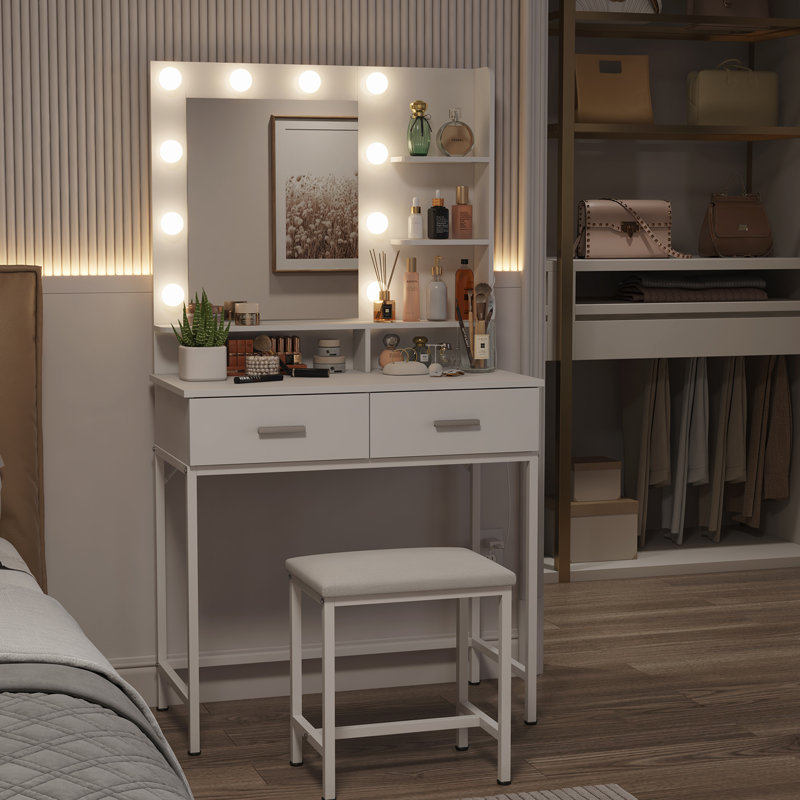 Vanity With Mirror And Lights, Adjustable Color/brightness, White Makeup Desk With 2 Drawers And Stool For Bedroom, Bathroom, Makeup Room