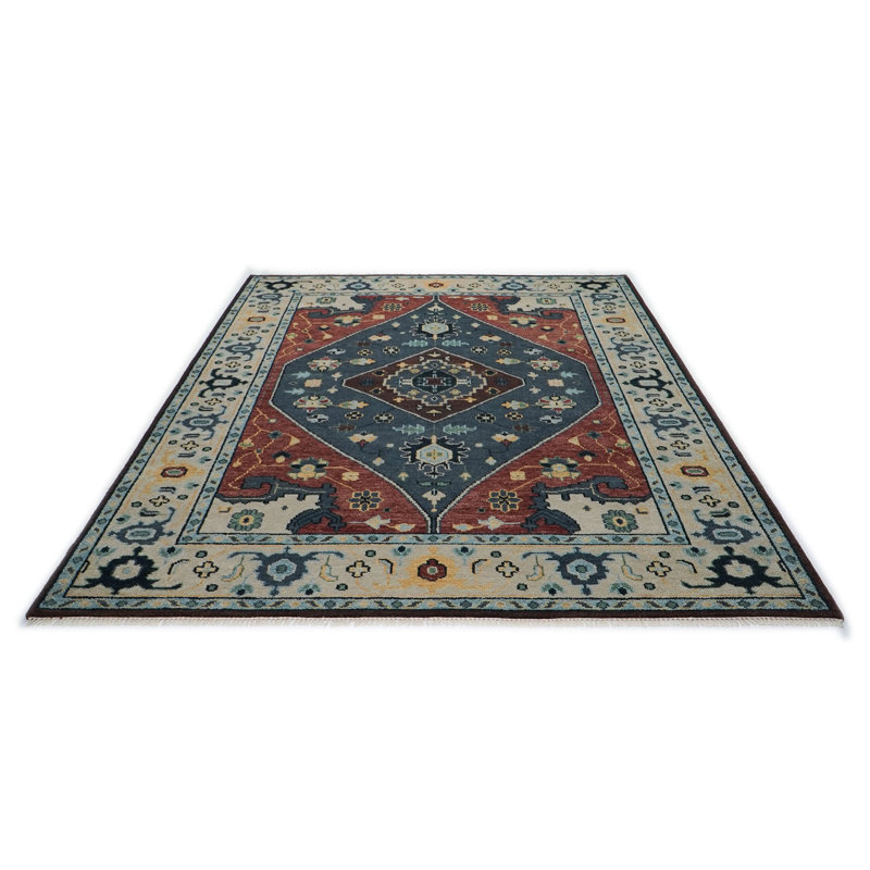 Tapis Oushak bleu en laine noué à la main 9 pi 1 po x 11 pi 11 po, Bleu, Rectangle 9 pi x 11 pi 11 po