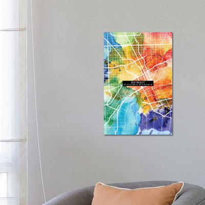 Detroit City Map Colourful 1 Piece Wrapped Canvas Painting
