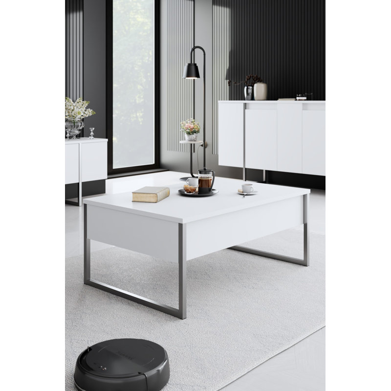 Table basse moderne avec pieds en métal, blanc et argent, 35,4 x 23,6 x 15,7 pouces | 100% panneau de particules enduit de mélamine, épaisseur: 0,7 pouce | Design industriel élégant pour le salon et la maison