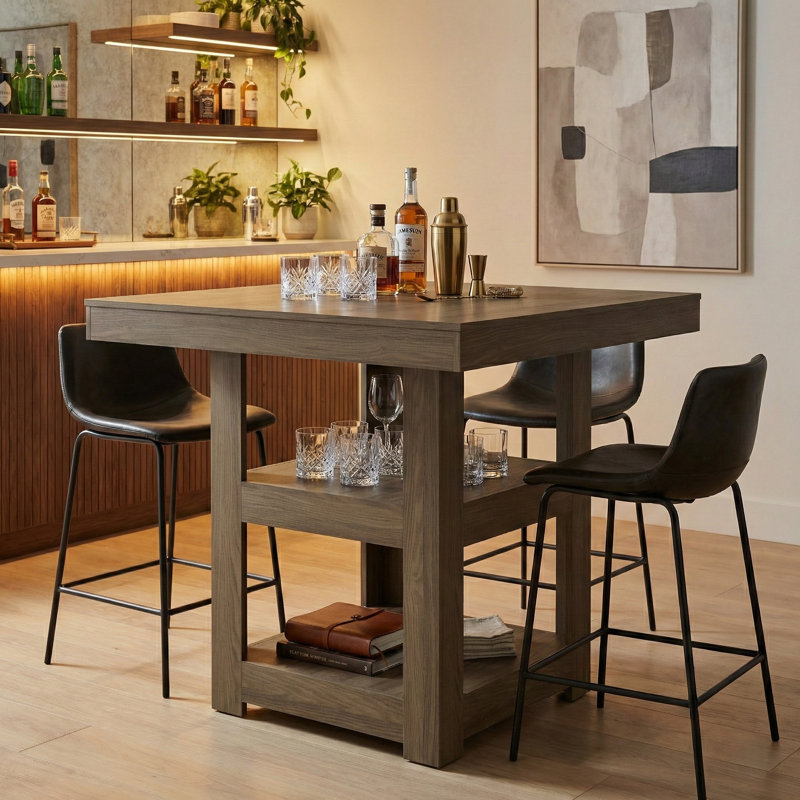 Caomhan Contemporary 39.4" Square Counter Height Dining Table With Shelves