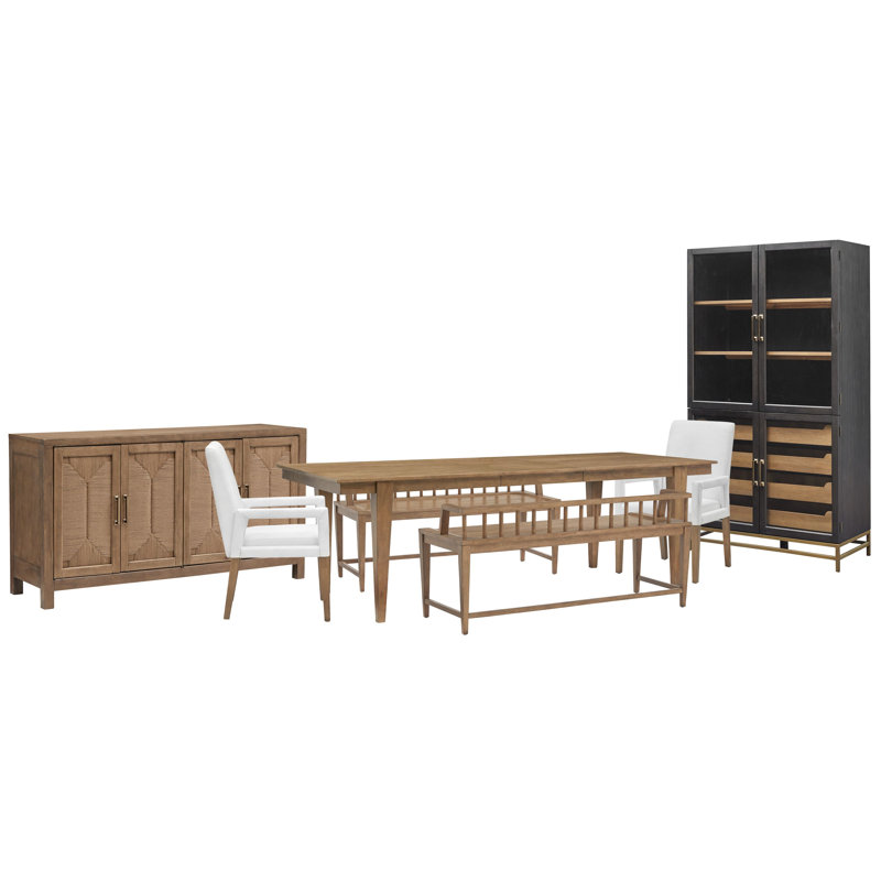 Extendable Rectangular Dining Table With 2 Arm Benches 2 White Arm Chairs Buffet And Cabinet, White