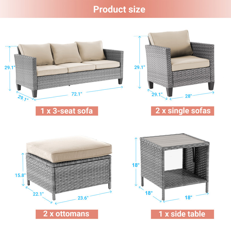 Outdoor 6 Piece Furniture Conversation PE Gray Wicker/Rattan Patio Sofa Set, With Thick Cushions and Side Table, Beige, Gray