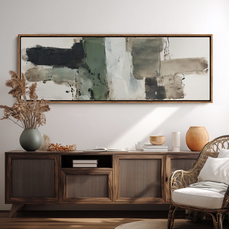 Art mural moderne avec blocs abstraits verts et noirs modernes, H 20 po x l 60 po, Naturel