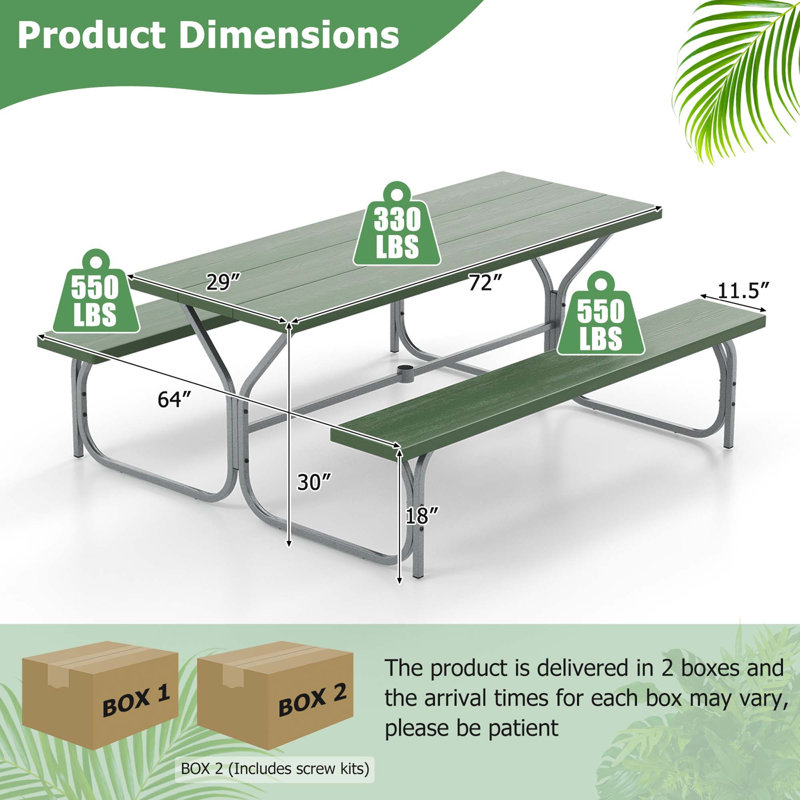 Red Barrel Studio 6 Ft Picnic Table Bench Set Outdoor Dining Table & 2 Benches With Metal Frame White, Vert