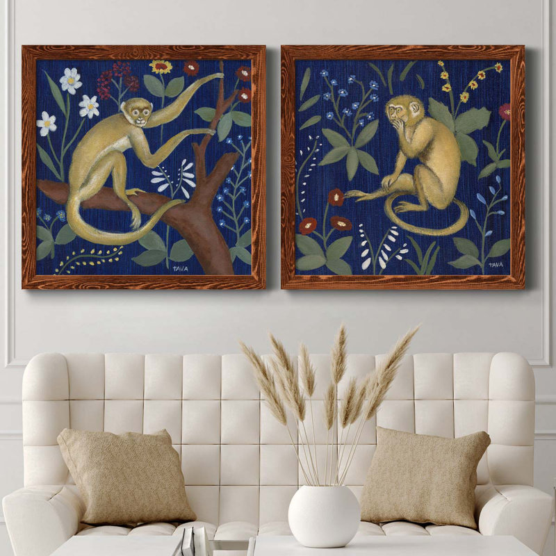 «Venezia Monkey Garden II», ensemble de 2 peintures sur toile encadrées, Cadre en érable, H 35,5 po x l 71 po x P 1,5 po