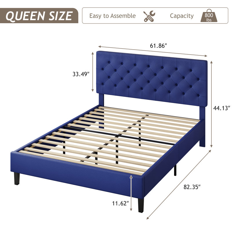 Bed Frame with Headboard, Upholstered Platform Bed with Button Tufted Desigh, Blue, Queen