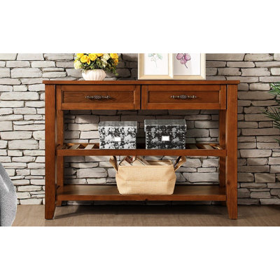 Buffet Mid-Century en bois massif brun avec 2 tiroirs et tablettes de rangement, idéal pour le salon, le hall d'entrée, la console de 42 po et le bureau de la chambre à coucher
