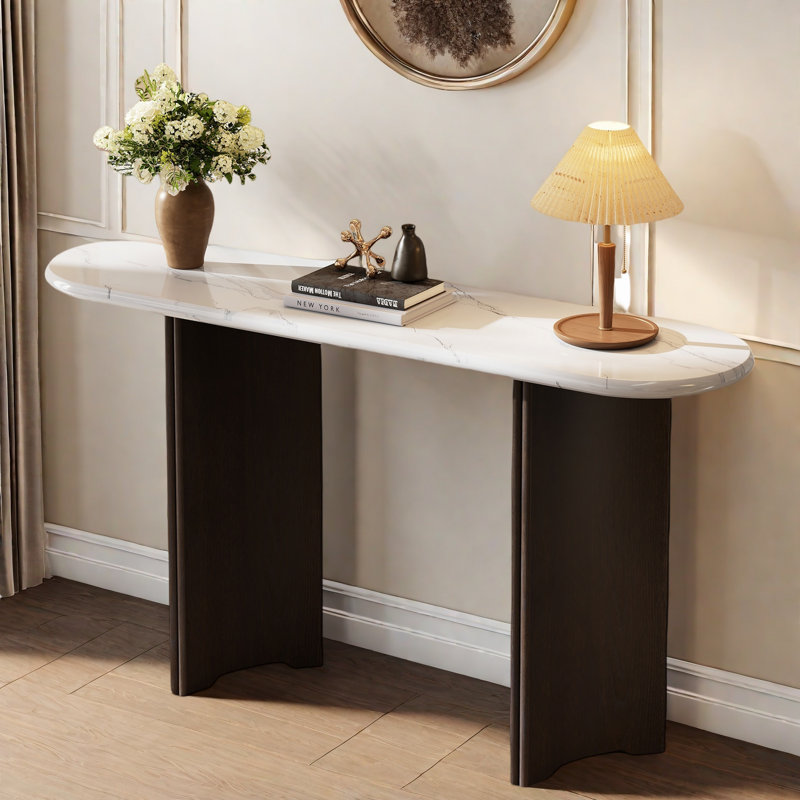 Narrow Console Table With Oval Marble Top, Curved Legs And Triangular-designed Base, Espresso