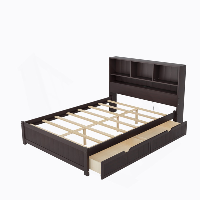 Lit plateforme double en bois avec tête de lit bibliothèque, Double, Espresso