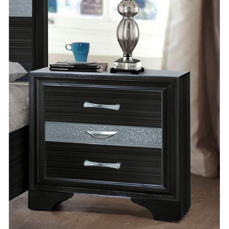 Table de chevet noire avec 2 tiroirs de rangement et 1 porte-bijoux doublé de feutre