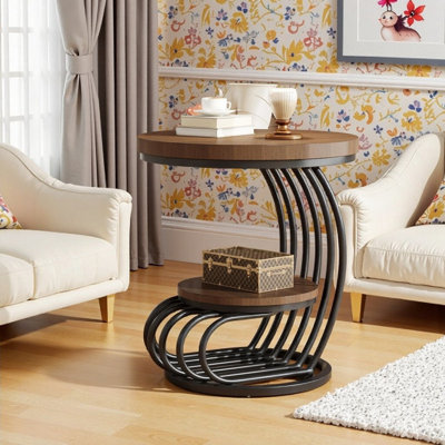19.68" Modern Round End Table With 2-Tier Storage Faux Marble Top & Metal Arc Frame Bedside Or Living Room Accent Table