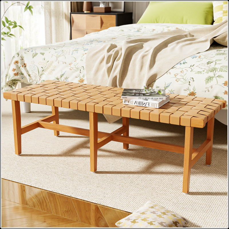 Élégant banc de chambre en bois d'acacia avec siège en similicuir