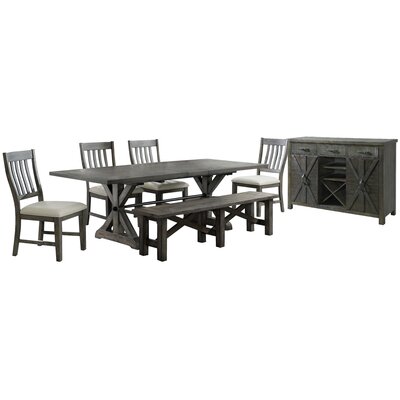 Sunset Trading Trestle 7 Piece Dining Set With Bench | 96"" Rectangular Extendable Table | 4 Upholstered Side Chairs | Server With 20 Bottle Wine Rack -  ED-SK100-170BNSR-7P