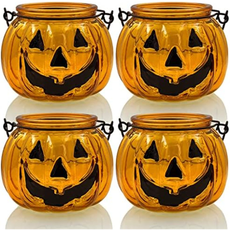Ensemble de 4 porte-bougies d'Halloween avec bougies votives et grimace en métal