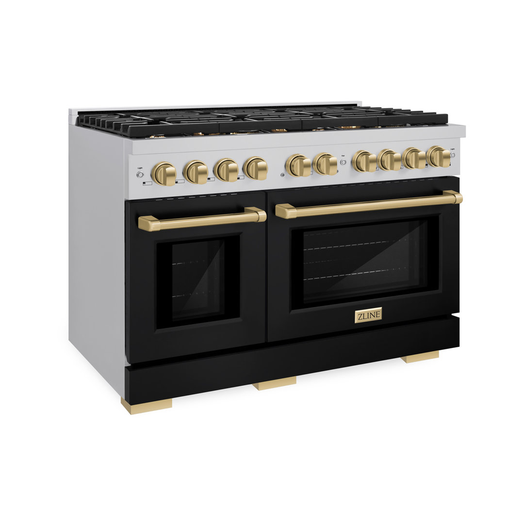 ZLINE Autograph Edition 48 in. 6.7 cu. ft. Paramount Double Oven Gas Range W/ 8 Burner Cooktop in Stainless Steel W/ Black Matte Doors & Champagne Bronze Accents (SGRZ-BLM-48-CB) ZLINE 