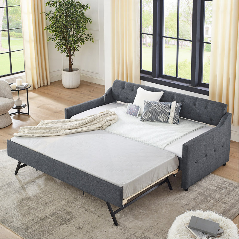 Twin Size Upholstery Daybed With Twin Size Erectable Trundle And USB Charging Design, Linen Dark Gray, Dark Gray